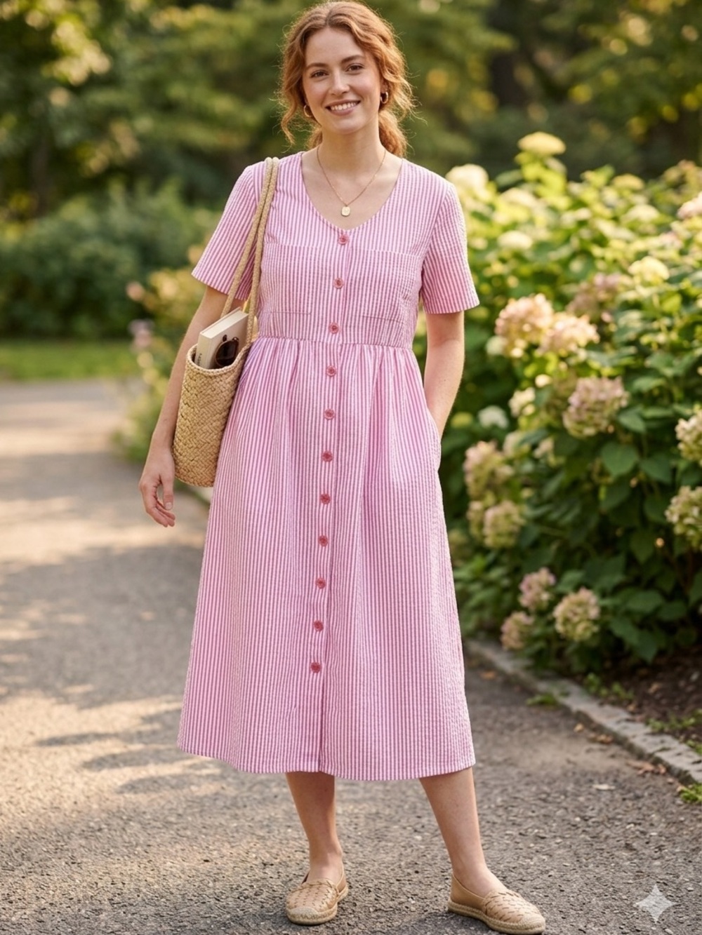 Bechamel Midi Dress Large Pink Striped Cottagecore Modest Prairie Pockets Classy